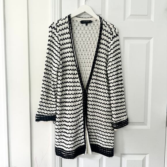 St. John Black White Open Knit Swirl Textured Hook Closure Long Cardigan Large - Picture 1 of 12